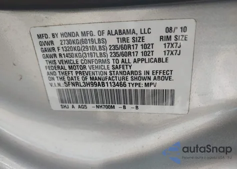 2010 Honda Odyssey Touring из США, поврежденный, VIN 5FNRL3H99AB113466